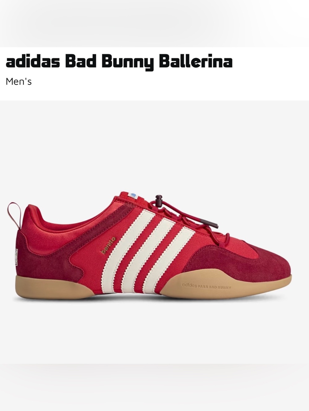 Adidas Bad Bunny Ballerina-Chalk White/Vivid Red/Power Red-Women’s size 9